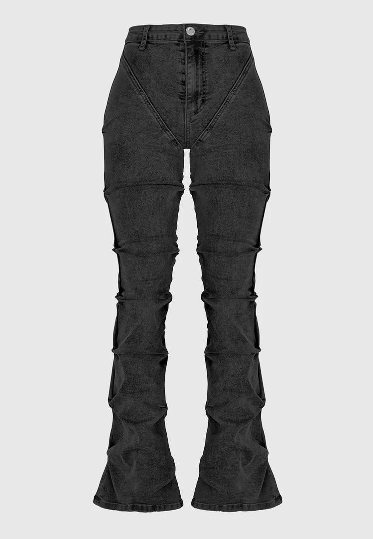 Woman Denim Tacked Denim Flared Jeans - Washed Black