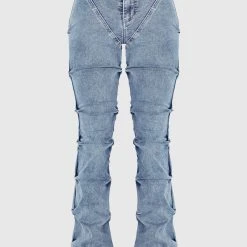 Woman Denim Tacked Denim Flared Jeans - Blue