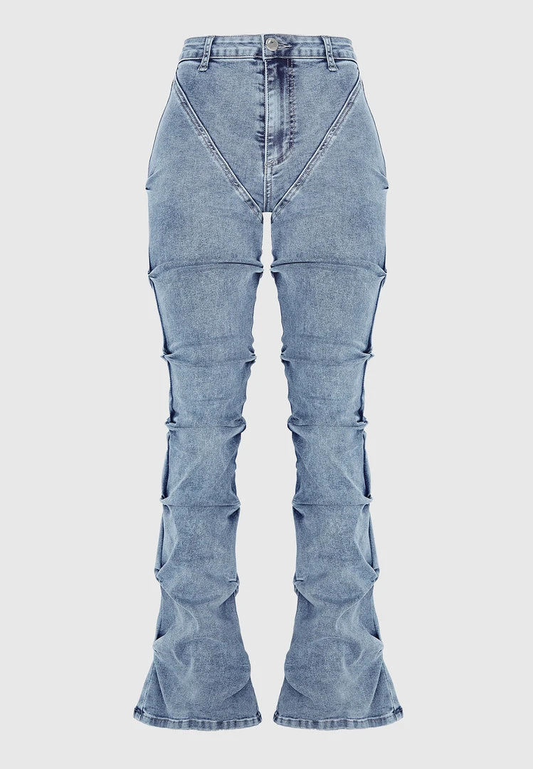 Woman Denim Tacked Denim Flared Jeans - Blue