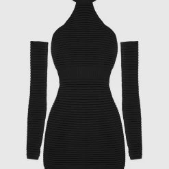 Woman Dresses Knitted Halterneck Mini Dress With Sleeves - Black