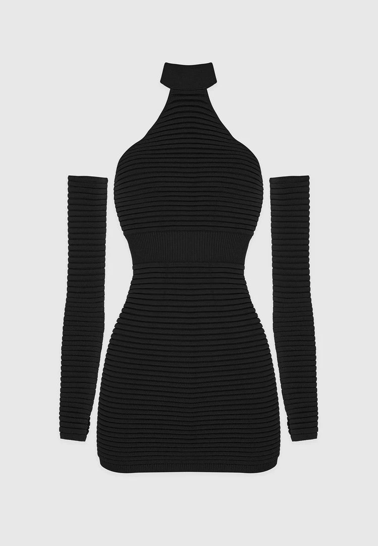 Woman Dresses Knitted Halterneck Mini Dress With Sleeves - Black