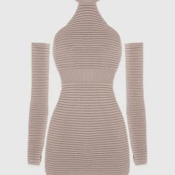 Woman Dresses Knitted Halterneck Mini Dress With Sleeves - Taupe