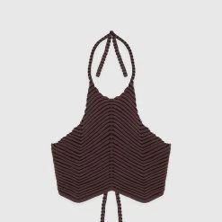 Woman Tops Knitted Contour Halterneck Top - Brown/Black TOPS & T SHIRTS