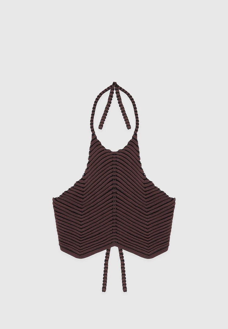 Woman Tops Knitted Contour Halterneck Top - Brown/Black TOPS & T SHIRTS