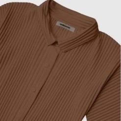Woman Shirts Pleated Curved Hem Shirt - Brown