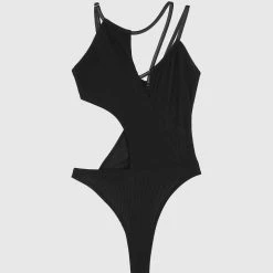 Woman Tops Ribbed Cut Out Bodysuit - Black BODYSUITS