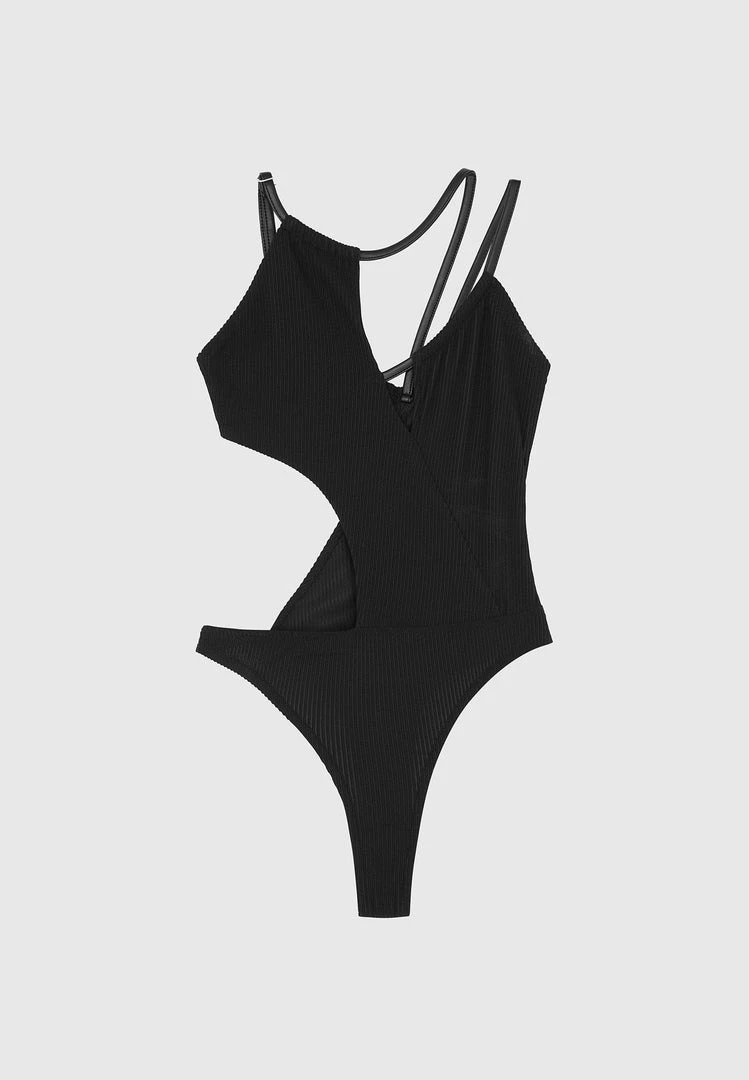 Woman Tops Ribbed Cut Out Bodysuit - Black BODYSUITS