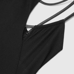 Woman Tops Ribbed Cut Out Bodysuit - Black BODYSUITS