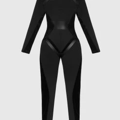 Woman Jumpsuits Vegan Leather & Bandage Contour Jumpsuit - Black