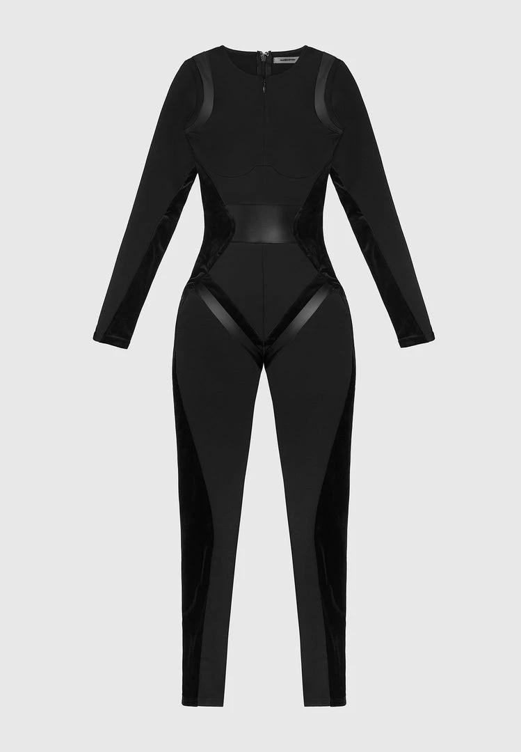 Woman Jumpsuits Vegan Leather & Bandage Contour Jumpsuit - Black