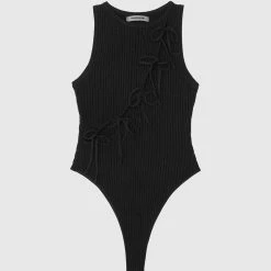 Woman Tops Knitted Lace Up Bodysuit - Black BODYSUITS