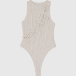 Woman Tops BODYSUITS Knitted Lace Up Bodysuit - Beige
