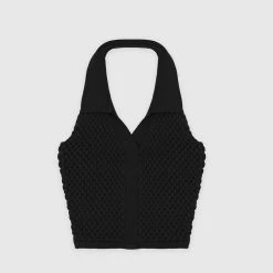 Woman Tops Bubble Knit Polo Crop Top - Black TOPS & T SHIRTS
