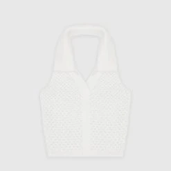 Woman Tops Bubble Knit Polo Crop Top - White