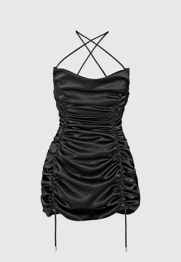 Woman Dresses Ruched Satin Mini Dress - Black