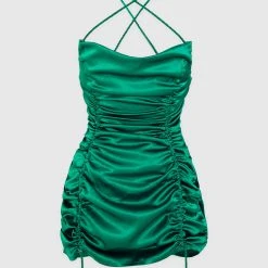 Woman Dresses Ruched Satin Mini Dress - Green