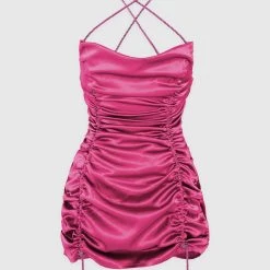 Woman Dresses Ruched Satin Mini Dress - Hot Pink
