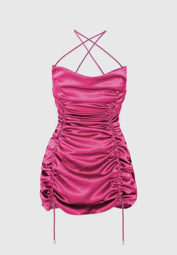 Woman Dresses Ruched Satin Mini Dress - Hot Pink