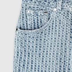 Woman Denim Textured Denim Mom Jeans - Blue