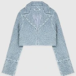 Woman Jackets Textured Denim Blazer Jacket - Blue