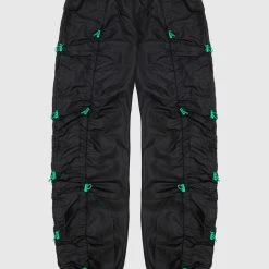 Woman Trousers Nylon Bungee Ruched Cargo Pants - Black/Green