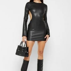 Woman Dresses Vegan Leather Backless Dress - Black