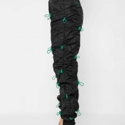 Woman Trousers Nylon Bungee Ruched Cargo Pants - Black/Green