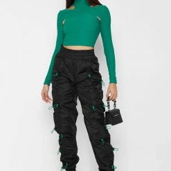 Woman Trousers Nylon Bungee Ruched Cargo Pants - Black/Green