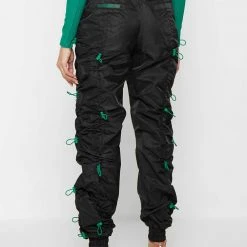 Woman Trousers Nylon Bungee Ruched Cargo Pants - Black/Green