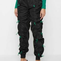 Woman Trousers Nylon Bungee Ruched Cargo Pants - Black/Green