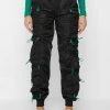 Woman Trousers Nylon Bungee Ruched Cargo Pants - Black/Green