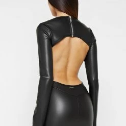 Woman Dresses Vegan Leather Backless Dress - Black