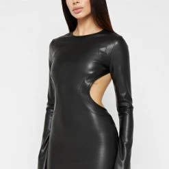 Woman Dresses Vegan Leather Backless Dress - Black