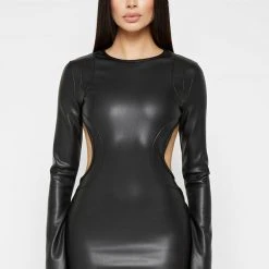 Woman Dresses Vegan Leather Backless Dress - Black