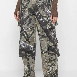 Woman Trousers Wide Leg Camo Cargo Pants - Khaki CARGO PANTS & JOGGERS