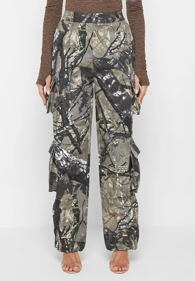 Woman Trousers Wide Leg Camo Cargo Pants - Khaki CARGO PANTS & JOGGERS