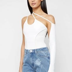 Woman Tops BODYSUITS One Sleeve Bandage Bodysuit - White
