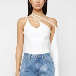 Woman Tops BODYSUITS One Sleeve Bandage Bodysuit - White