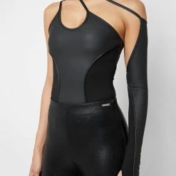 Woman Tops One Sleeve Bandage Bodysuit - Black