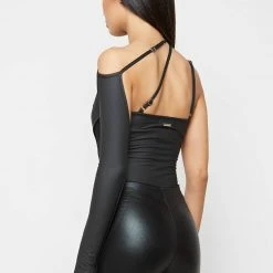 Woman Tops One Sleeve Bandage Bodysuit - Black