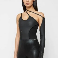 Woman Tops One Sleeve Bandage Bodysuit - Black