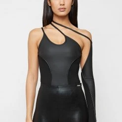 Woman Tops One Sleeve Bandage Bodysuit - Black