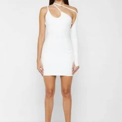 Woman Dresses Asymmetric Bandage & Vegan Leather Dress - White
