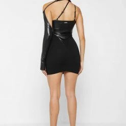 Woman Dresses Asymmetric Bandage & Vegan Leather Dress - Black