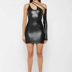 Woman Dresses Asymmetric Bandage & Vegan Leather Dress - Black