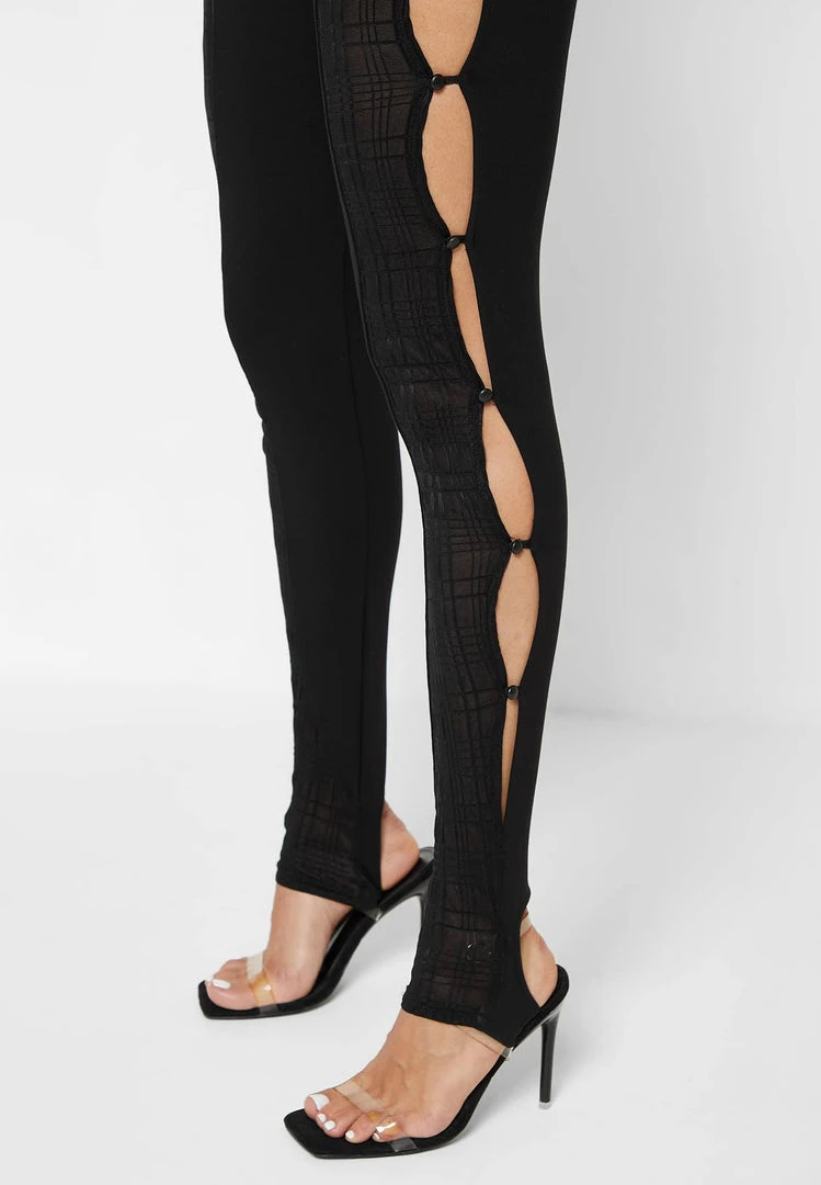 Woman Leggings Bandage & Mesh Cut Out Leggings - Black