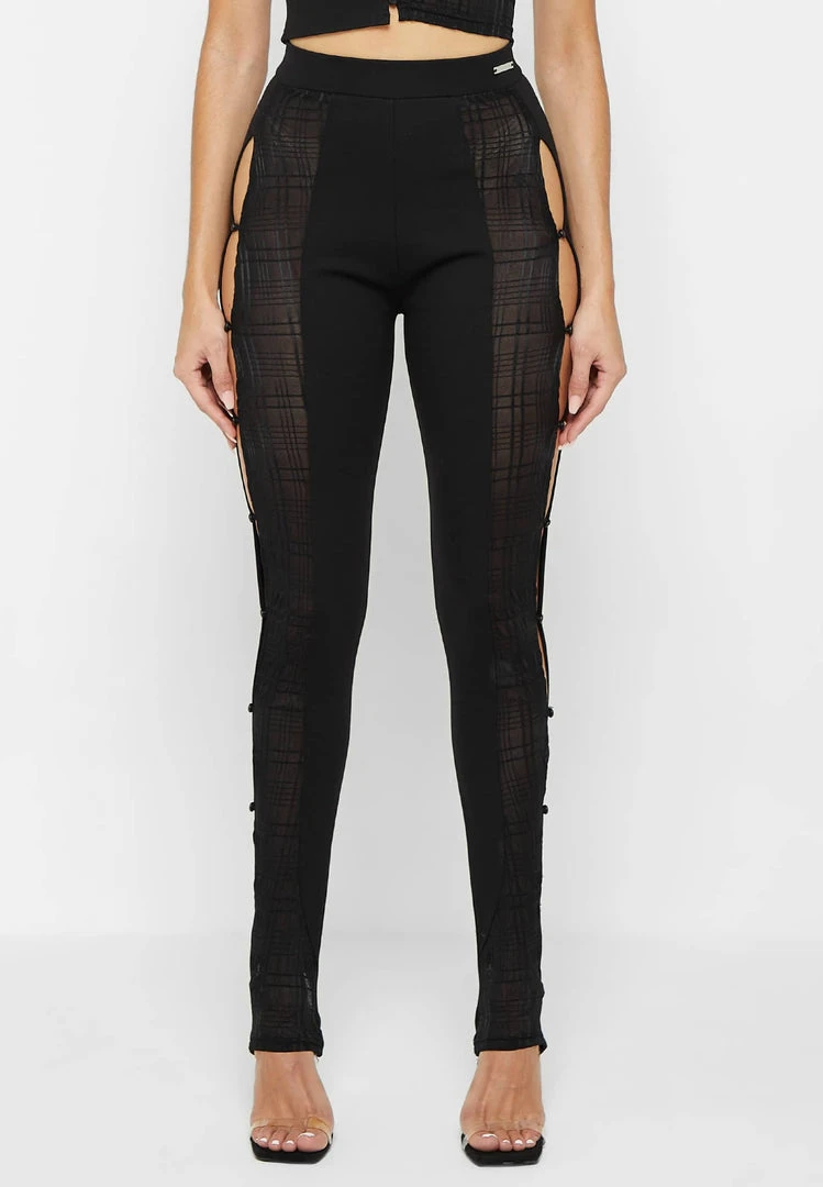 Woman Leggings Bandage & Mesh Cut Out Leggings - Black