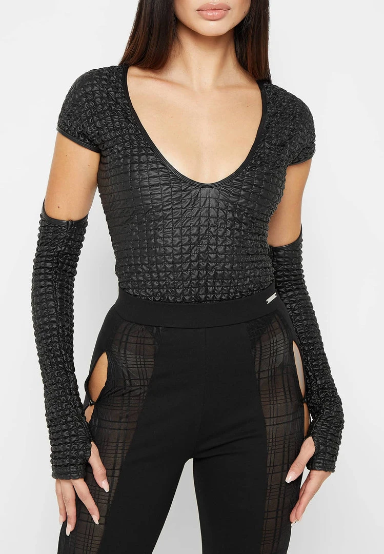 Woman Tops Vegan Leather Popcorn Cut Out Bodysuit - Black BODYSUITS