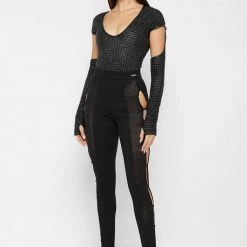 Woman Tops Vegan Leather Popcorn Cut Out Bodysuit - Black BODYSUITS