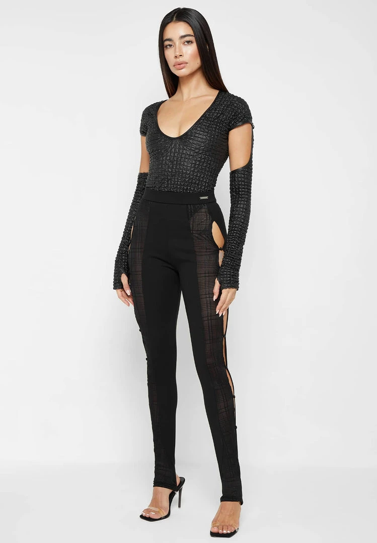 Woman Tops Vegan Leather Popcorn Cut Out Bodysuit - Black BODYSUITS